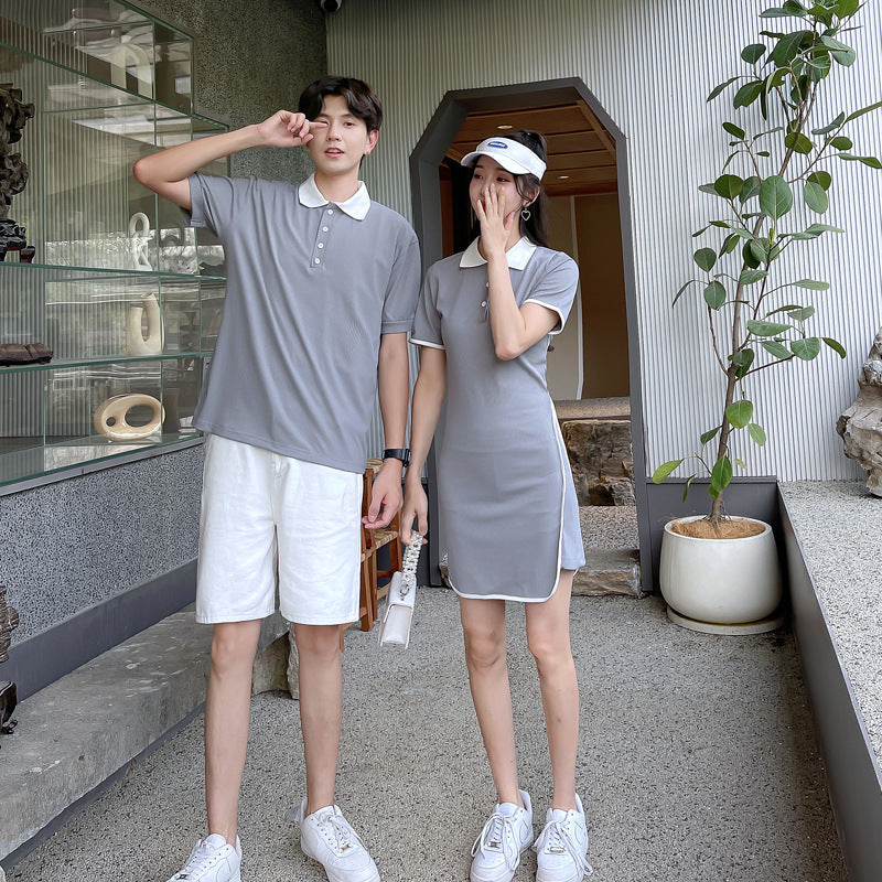Couple Matching Clothes College School Sexy Tight Polo Dress Gray T-Shirt Sheath Korean Fashion Summer Vacation Outfit Wear Set