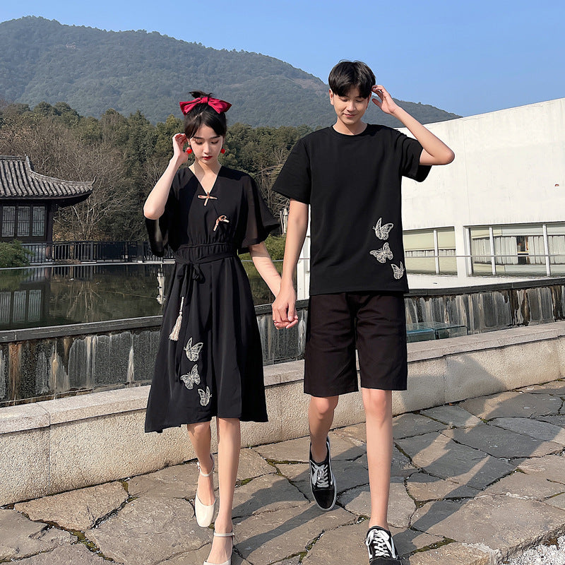 Couple Matching Clothes College Traditional Ethnic Embroidery Dress Cheongsam Qipao T-Shirt Women Summer Outfit Wear Set