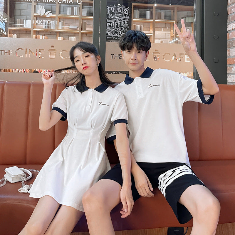 Couple Matching Clothes College School Waist Summer White Polo Tennis Dress Shirt Korean Fashion Style Vacation Outfit Wear Set