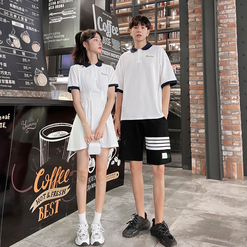 Couple Matching Clothes College School Waist Summer White Polo Tennis Dress Shirt Korean Fashion Style Vacation Outfit Wear Set