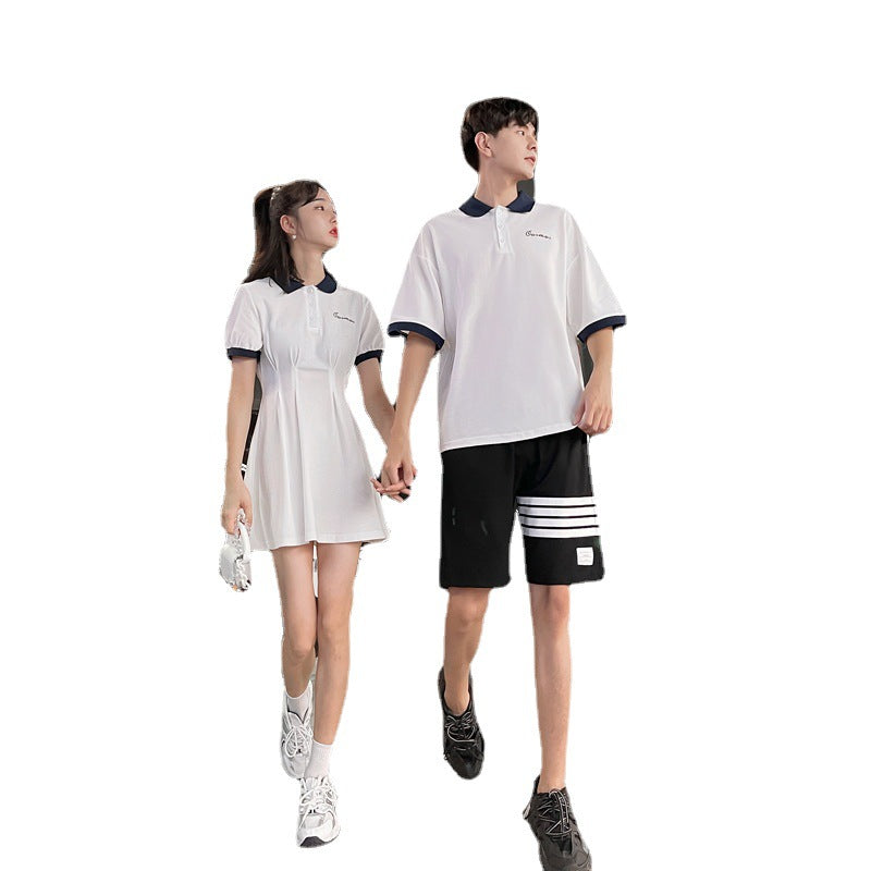 Couple Matching Clothes College School Waist Summer White Polo Tennis Dress Shirt Korean Fashion Style Vacation Outfit Wear Set
