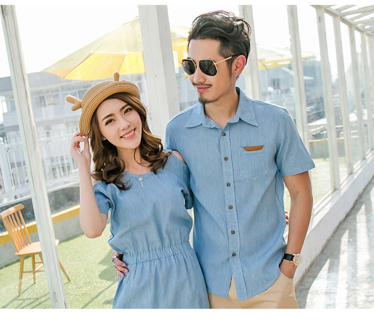 Couple Matching Clothes College School Fashion Style Blue Jeans Denim Dress Shirts Women Summer Outfit Wear Clothing