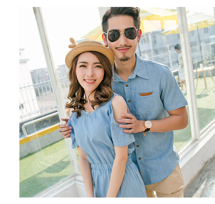 Couple Matching Clothes College School Fashion Style Blue Jeans Denim Dress Shirts Women Summer Outfit Wear Clothing