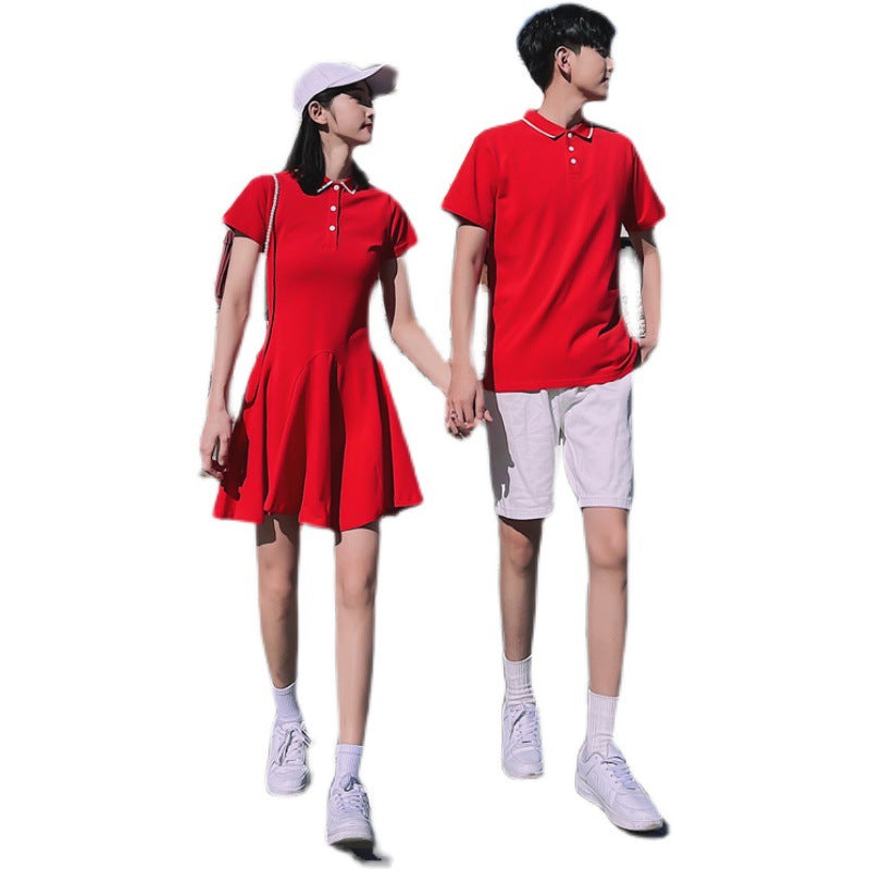 Couple Matching Clothes College School Korean Fashion Style Lovers Red Polo Dress T-shirts Men Women Summer Outfit Wear Set
