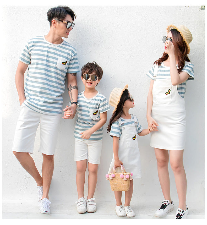 Family Clothing Summer Matching Clothes Mom and Daughter Dress Family Matching Outfits Father Son Stripe T-shirt +pants
