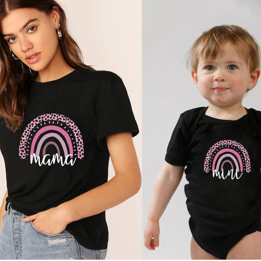 Fashion Baby Mommy Family Matching Cotton Clothing Summer Rainbow Mama and Mini T-Shirt Cute Family Look Outfits Top
