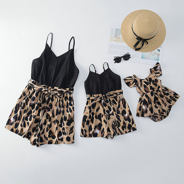 2022 Sleeveless Family Look Matching Outfits Jumpsuit Leopard Mother Daughter Clothing Sets Mommy And Me Dresses Clothes 0-9Y