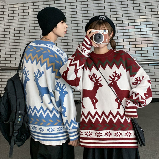 Christmas Sweater Couple Outfit O-Neck Pullover Loose Winter Clothes Women Retro Oversized Sweater Warm Long Sleeve Top