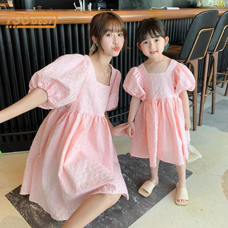 Family Mother and Daughter Dress Summer Short Sleeves Pure Color Dress Clothes Family Clothing Family Matching Outfits Dress