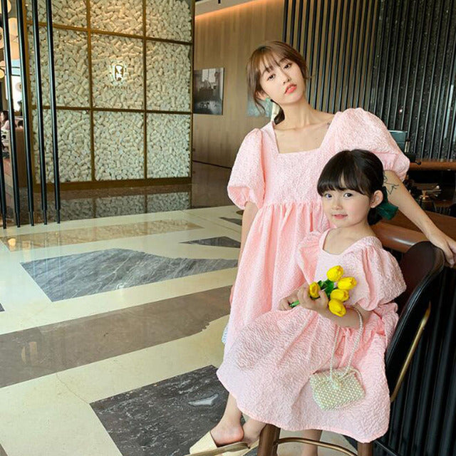 Family Mother and Daughter Dress Summer Short Sleeves Pure Color Dress Clothes Family Clothing Family Matching Outfits Dress