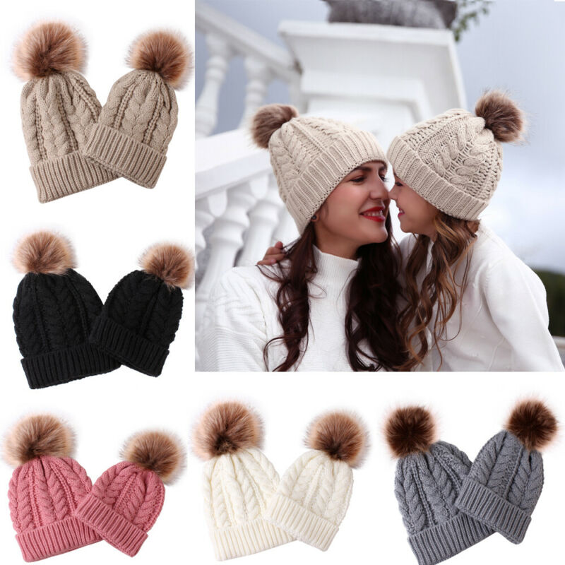 Womens Mother Baby Matching Knitting Pom Bobble Hat Kids Winter Warm Beanie Cap