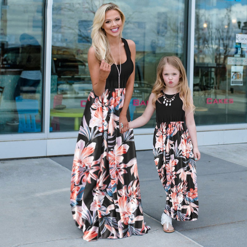 New Family Matching Maxi Tank Dress Summer Mom And Me Daughter Patchwork Floral Long Dresses For Women Mother Baby Girl Clothes