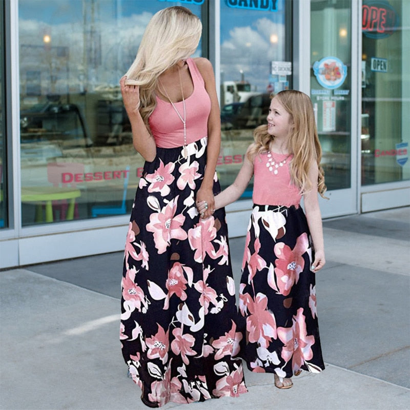 New Family Matching Maxi Tank Dress Summer Mom And Me Daughter Patchwork Floral Long Dresses For Women Mother Baby Girl Clothes