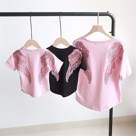 Short-sleeve Mom Woman Baby Girls Angel Wings Embroidered Sequin Embroidery T-shirt for Family Mother Daughter Matching Clothes