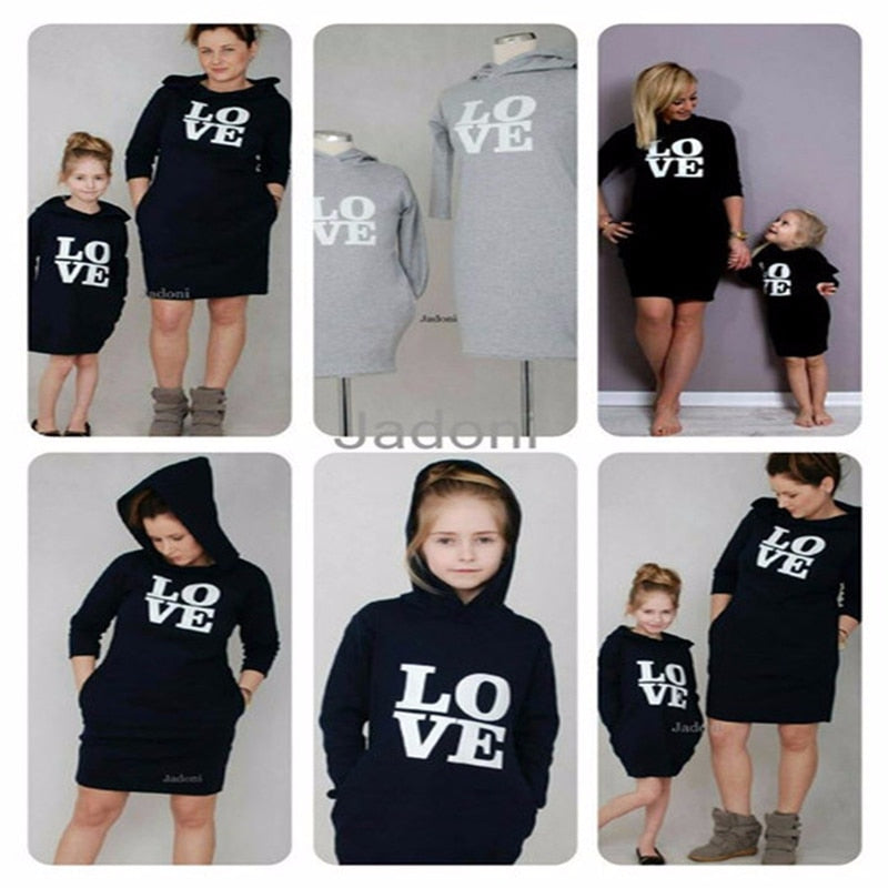 Long-sleeve Mom Girls Hooded Sweatshirt Dresses for Famiy LOVE Letter Print Dress Mother and Daughter Matching Clothes Outfits