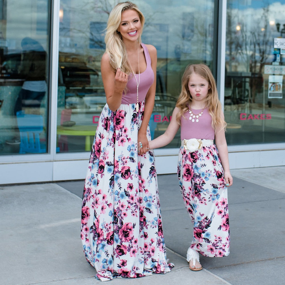 New Family Matching Maxi Tank Dress Summer Mom And Me Daughter Patchwork Floral Long Dresses For Women Mother Baby Girl Clothes