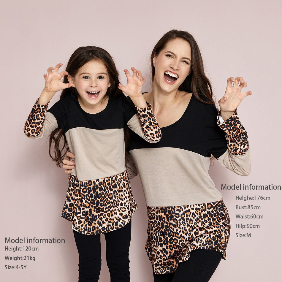 Stylish Leopard Color Matching Long Sleeve Shirts for Mom and daughter Family Look Tops