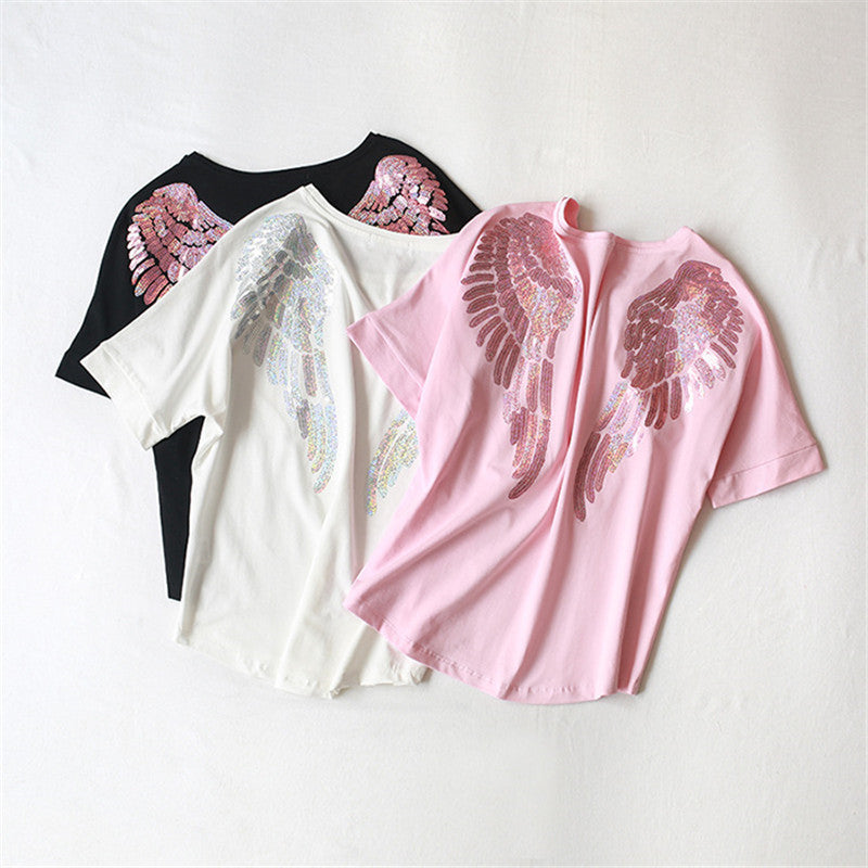 Short-sleeve Mom Woman Baby Girls Angel Wings Embroidered Sequin Embroidery T-shirt for Family Mother Daughter Matching Clothes