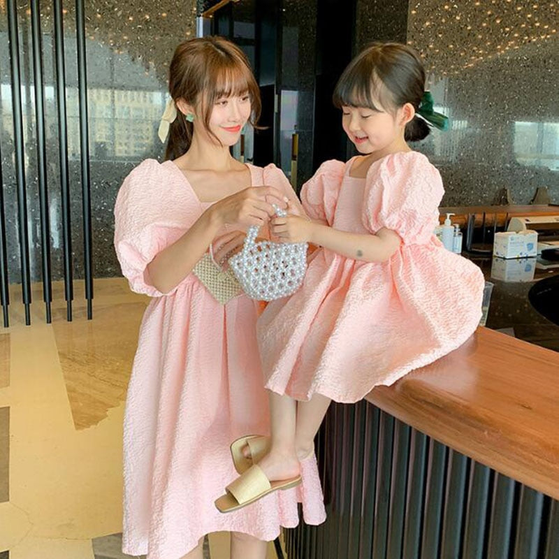 Family Mother and Daughter Dress Summer Short Sleeves Pure Color Dress Clothes Family Clothing Family Matching Outfits Dress