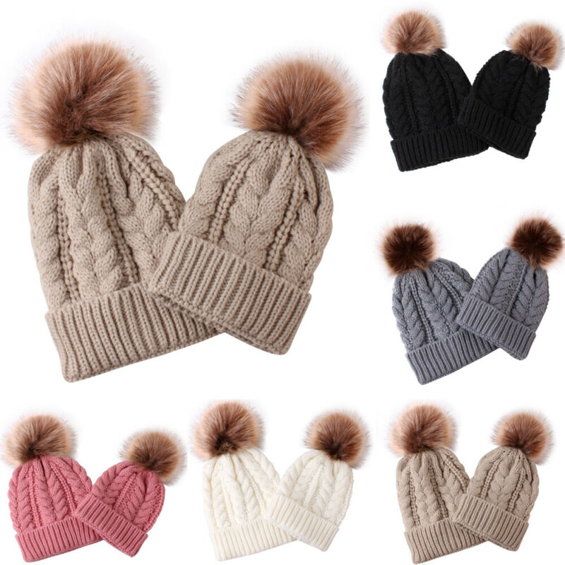 Womens Mother Baby Matching Knitting Pom Bobble Hat Kids Winter Warm Beanie Cap