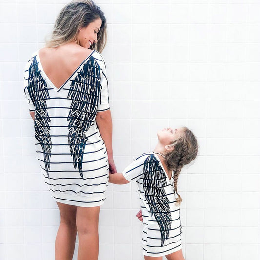 Short Sleeve Striped Dress Summer Family Matching Outfits Wings Dresses Mommy And Me Clothing Sets Baby Girls Clothes