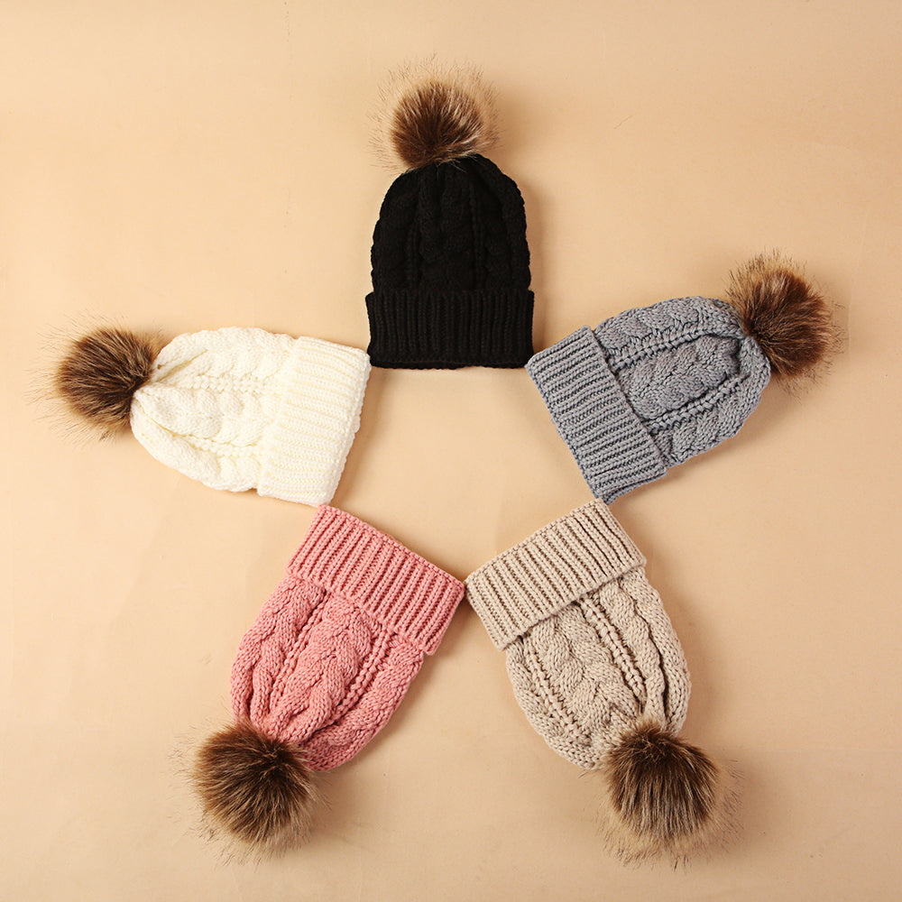 Womens Mother Baby Matching Knitting Pom Bobble Hat Kids Winter Warm Beanie Cap