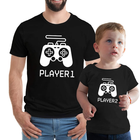 Player 1 Player 2 Family Matching T Shirt Father Son Look Daughter Dad T Shirt Tops Short Sleeve T-Shirt For Daddy Baby Clothes