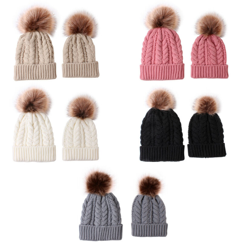 Womens Mother Baby Matching Knitting Pom Bobble Hat Kids Winter Warm Beanie Cap