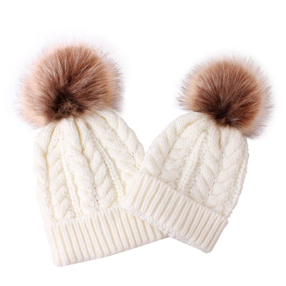 Womens Mother Baby Matching Knitting Pom Bobble Hat Kids Winter Warm Beanie Cap