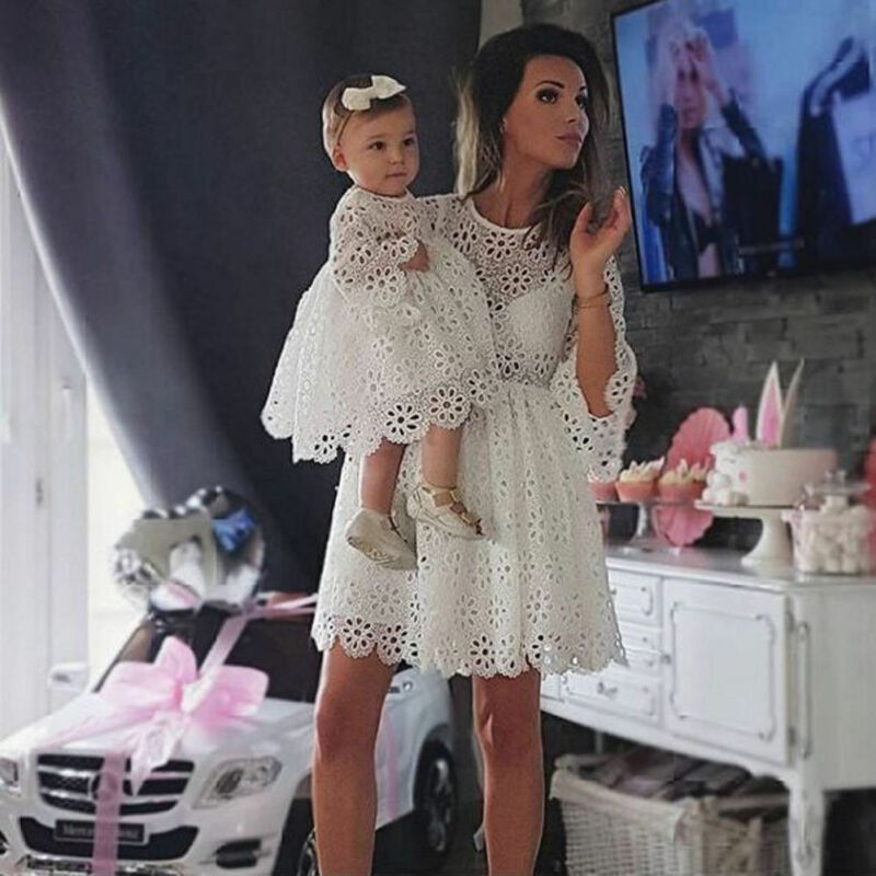 Family Matching Clothes Mother Daughter Dresses White Hollow  Floral Lace Dress Mini Dress Mom Baby Girl Party Clothes