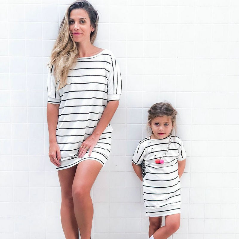 Short Sleeve Striped Dress Summer Family Matching Outfits Wings Dresses Mommy And Me Clothing Sets Baby Girls Clothes