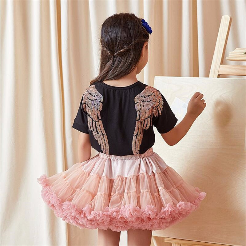 Short-sleeve Mom Woman Baby Girls Angel Wings Embroidered Sequin Embroidery T-shirt for Family Mother Daughter Matching Clothes