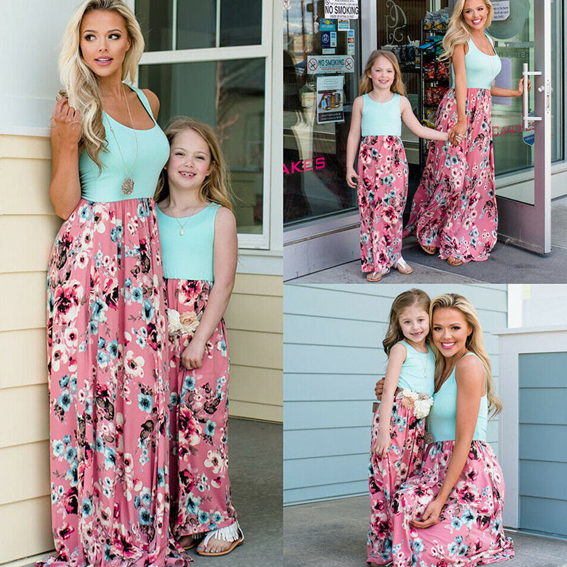 New Family Matching Maxi Tank Dress Summer Mom And Me Daughter Patchwork Floral Long Dresses For Women Mother Baby Girl Clothes