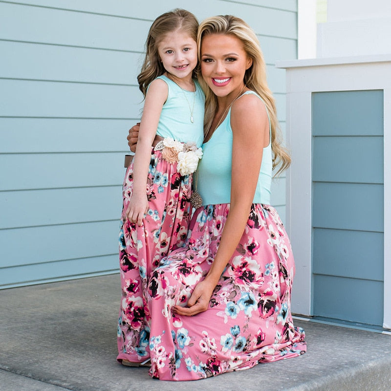 New Family Matching Maxi Tank Dress Summer Mom And Me Daughter Patchwork Floral Long Dresses For Women Mother Baby Girl Clothes