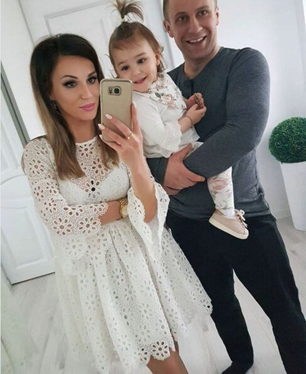 Family Matching Clothes Mother Daughter Dresses White Hollow  Floral Lace Dress Mini Dress Mom Baby Girl Party Clothes