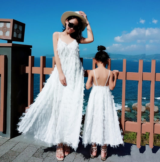 White Tank Tassel Mother Daughter Dresses Family Matching Outfits Look Mommy and Me Clothes Mom Mum Baby Women Girls Dress Clothing