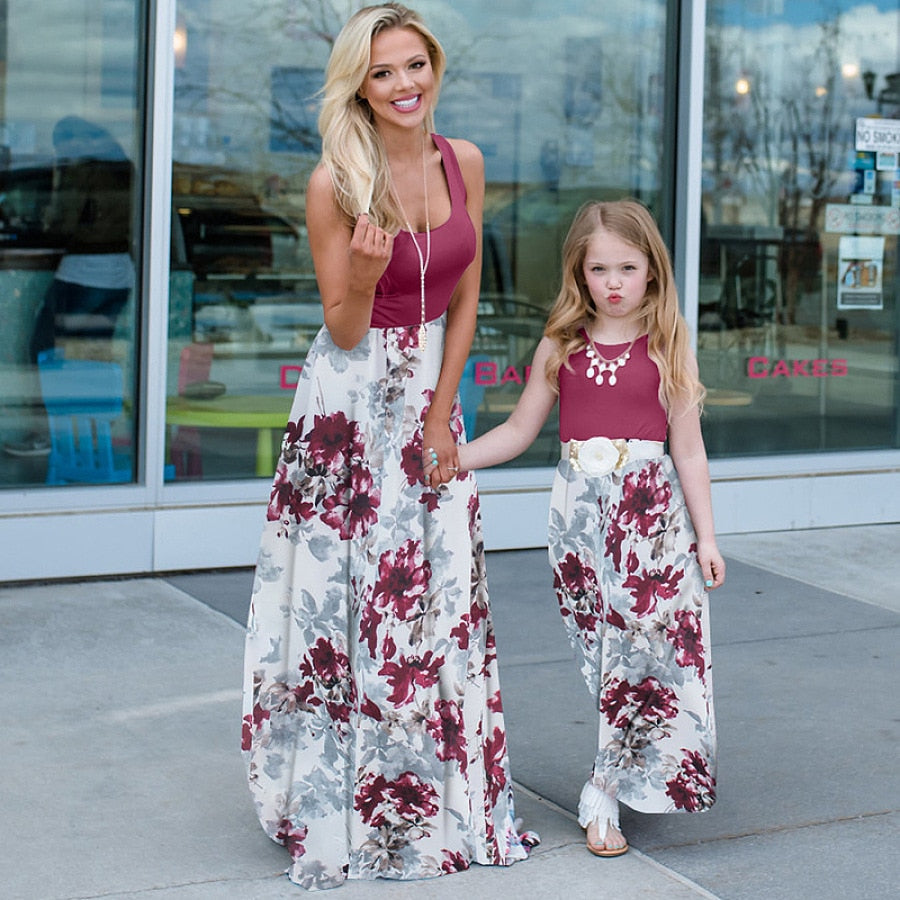 New Family Matching Maxi Tank Dress Summer Mom And Me Daughter Patchwork Floral Long Dresses For Women Mother Baby Girl Clothes