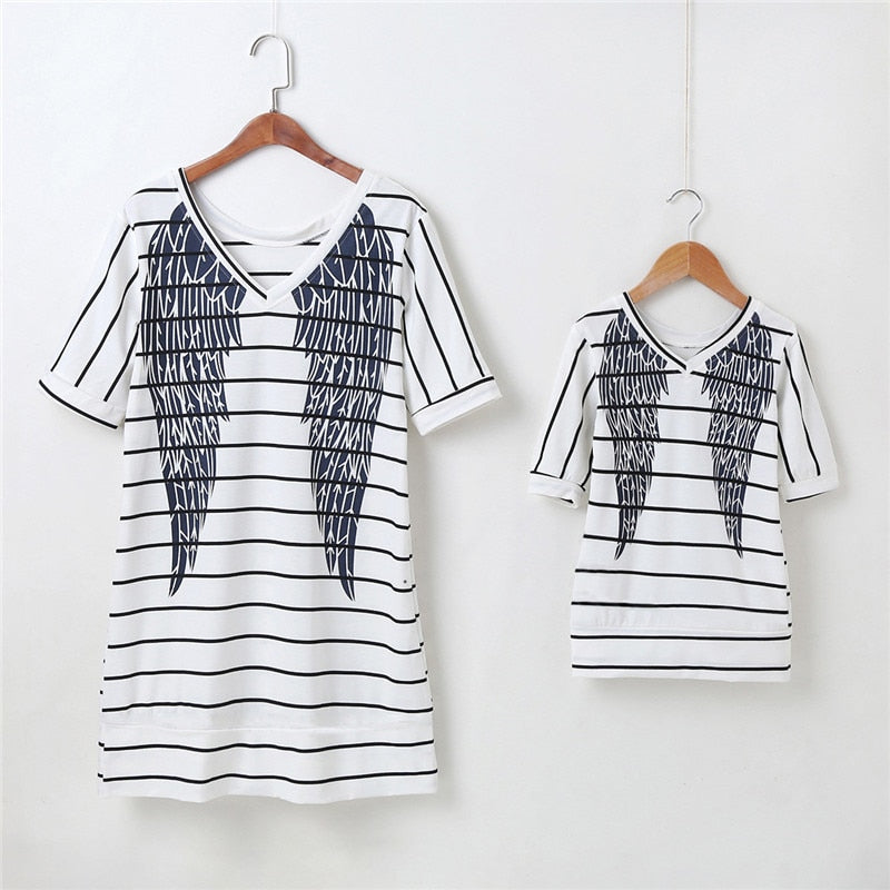 Short Sleeve Striped Dress Summer Family Matching Outfits Wings Dresses Mommy And Me Clothing Sets Baby Girls Clothes