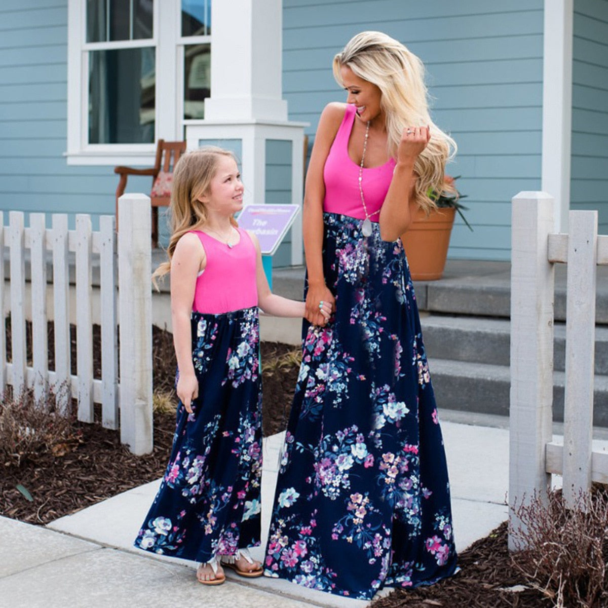 New Family Matching Maxi Tank Dress Summer Mom And Me Daughter Patchwork Floral Long Dresses For Women Mother Baby Girl Clothes