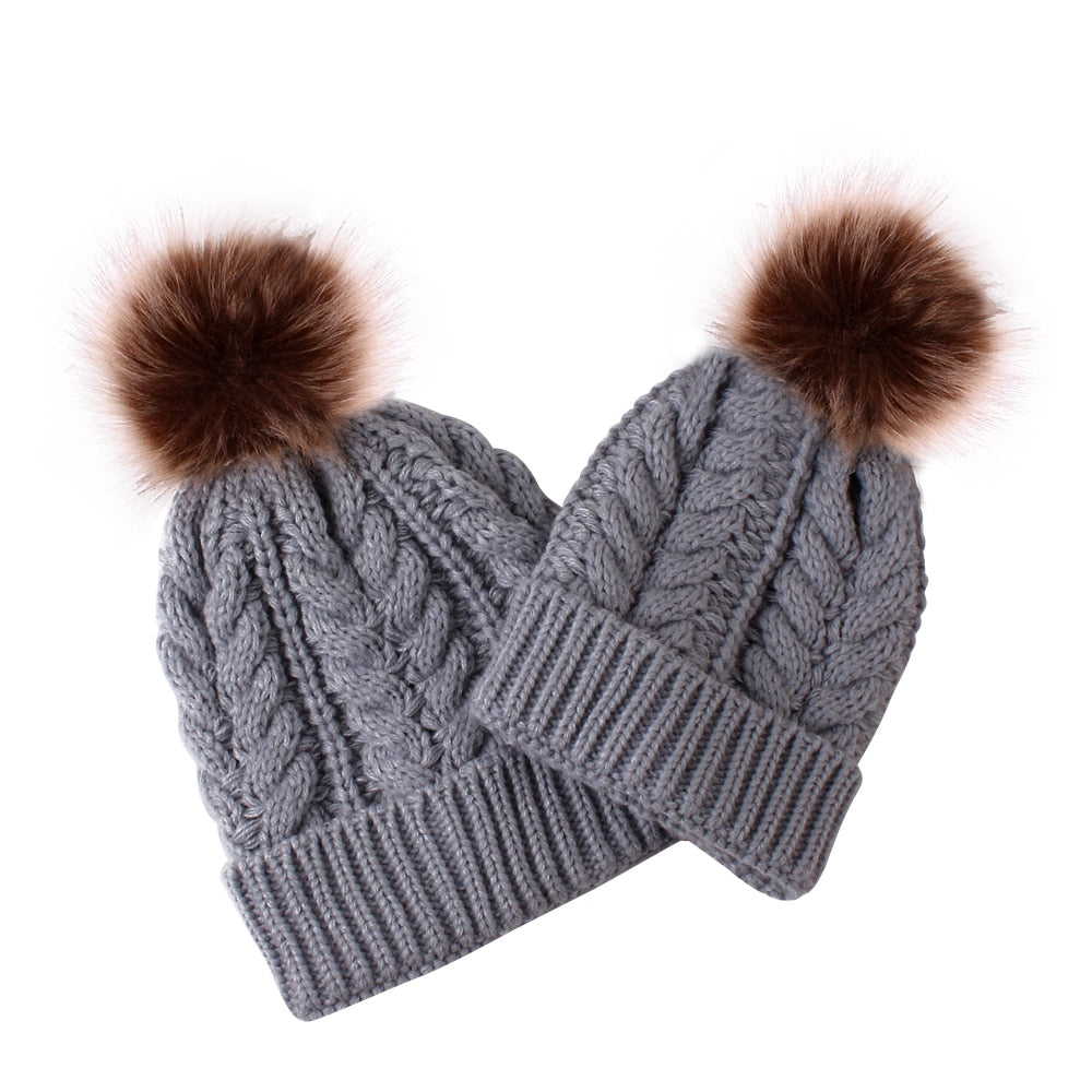 Womens Mother Baby Matching Knitting Pom Bobble Hat Kids Winter Warm Beanie Cap