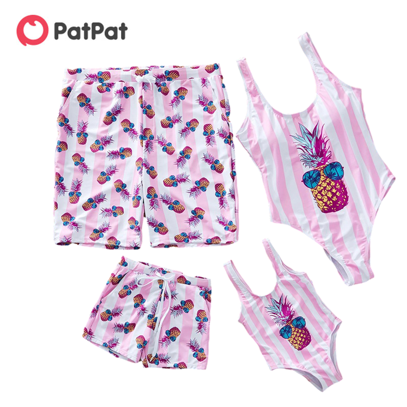 Summer Family Matching Clothing Cool Stripes Pineapple Swimsuit Family Look Fruit full print Pink One-piece