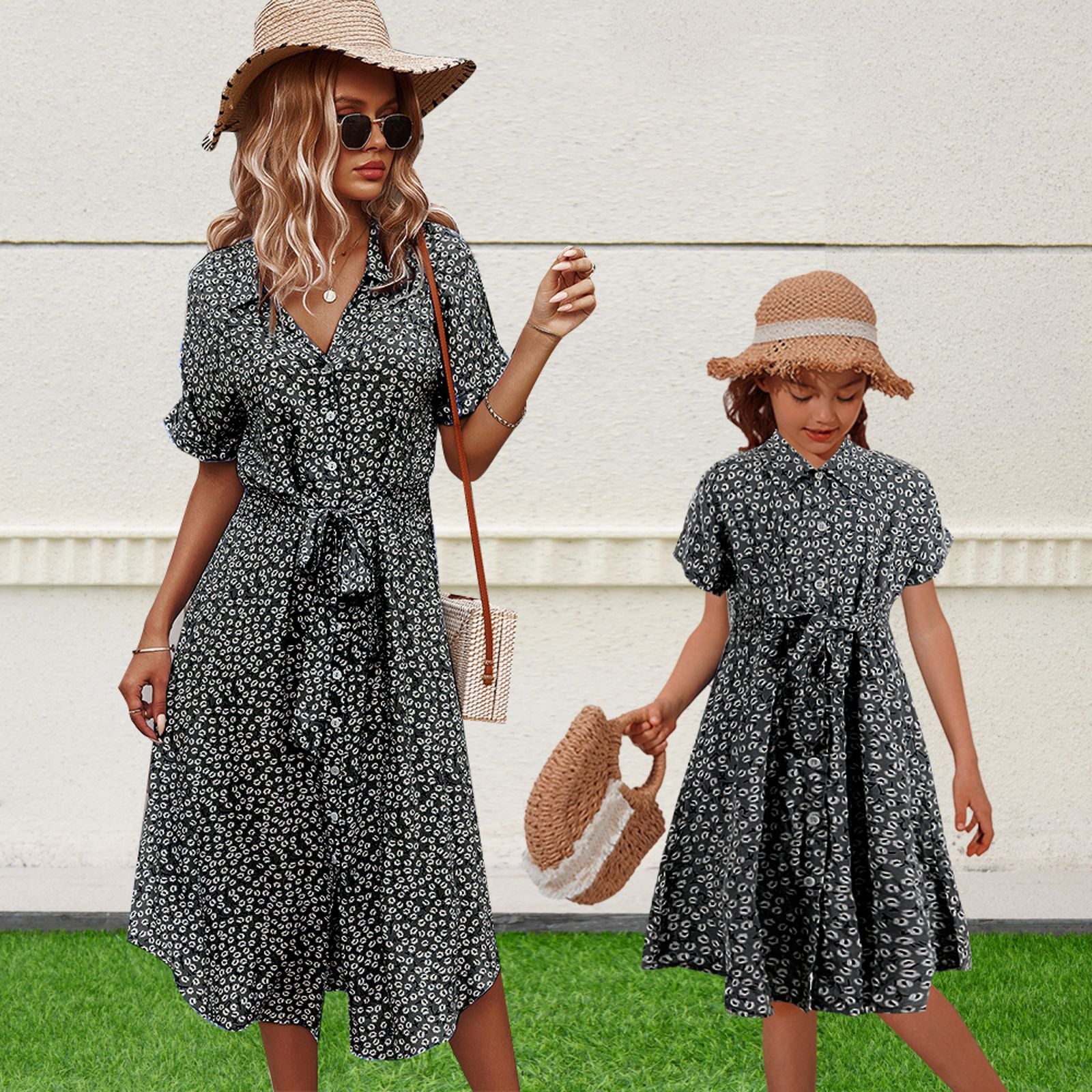Mom And Daughter Dress Family Matching Outfits Summer Casual Dot Print Family Wear Mom And Daughter Dress Family Matching Outfits Summer Casual Dot Print Family Wear