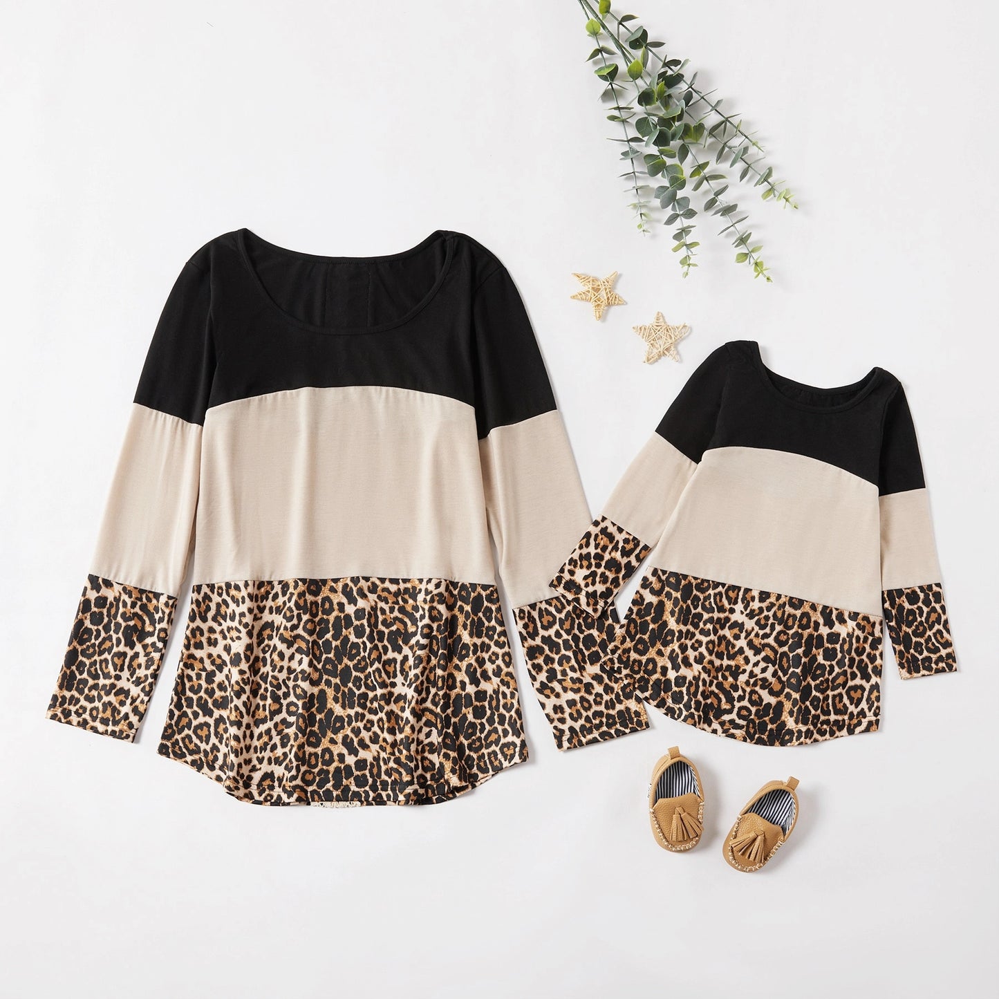 Stylish Leopard Color Matching Long Sleeve Shirts for Mom and daughter Family Look Tops