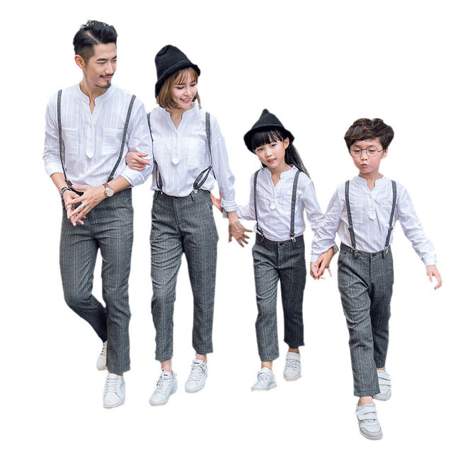 New Autumn Family Matching Outfit New Year Dad Son White Shirt and Belt Pants Suit Couple Outfit Brother Sister Matching Set
