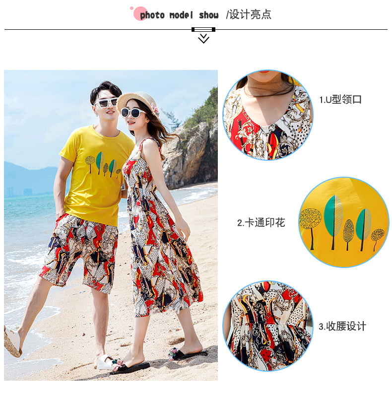 Bohemian Print Dress for Mum and Daughter Summer Family Matching Outfit Dad Son Top and Shorts Suit Lover Couple Clothes New