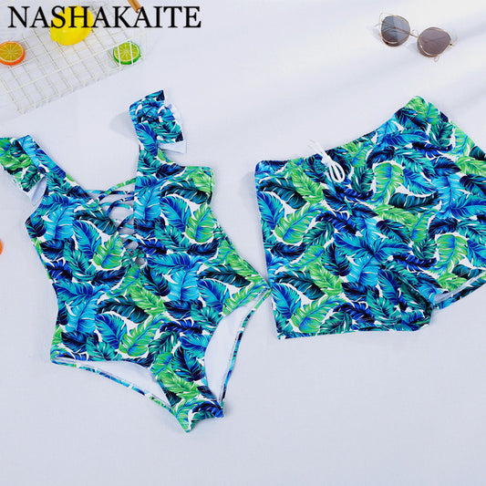 NASHAKAITE Couple Swimsuit Leaf Coconut tree Women&#39;s Swimsuits Men Drawstring Beach Swimming Shorts Matching couple outfits
