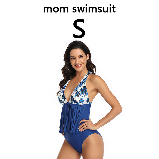 Family Matching Swimwear Mom Daughter Taseel Leaf Blue Bikini Dad Son Bathing Suit Women Men Couples Outfits Girls Boys Swimsuit