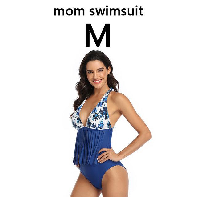 Family Matching Swimwear Mom Daughter Taseel Leaf Blue Bikini Dad Son Bathing Suit Women Men Couples Outfits Girls Boys Swimsuit