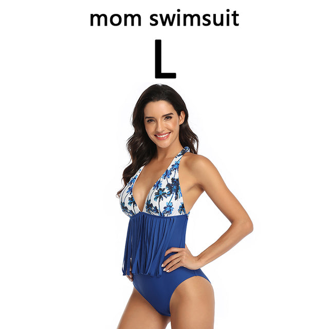 Family Matching Swimwear Mom Daughter Taseel Leaf Blue Bikini Dad Son Bathing Suit Women Men Couples Outfits Girls Boys Swimsuit