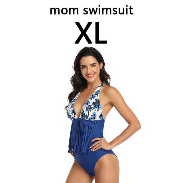 Family Matching Swimwear Mom Daughter Taseel Leaf Blue Bikini Dad Son Bathing Suit Women Men Couples Outfits Girls Boys Swimsuit